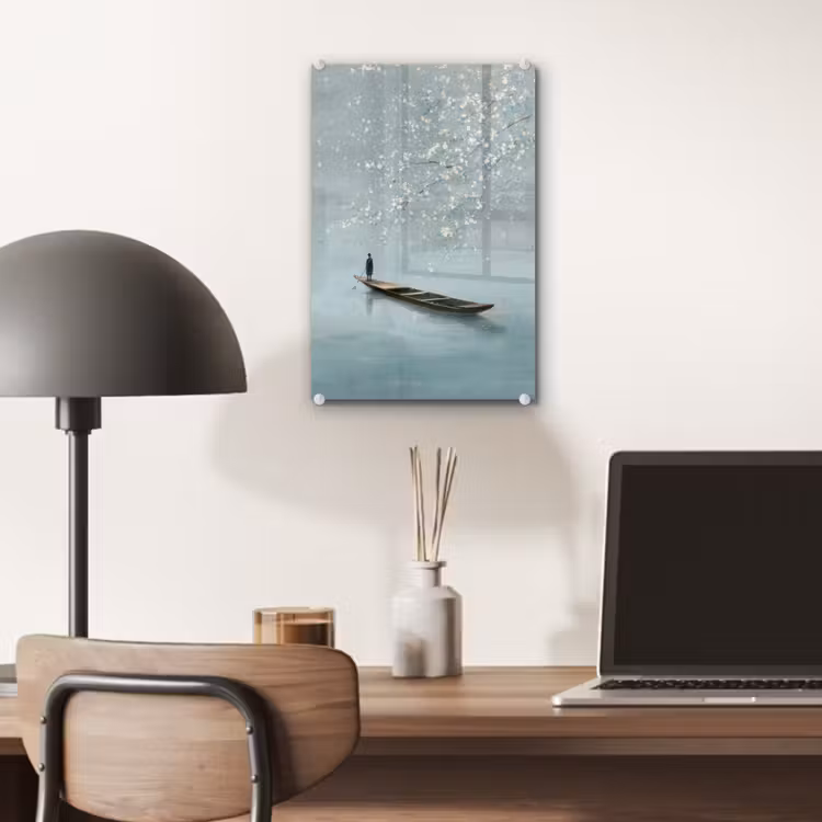 Glas schilderij - Bloesems - Minimalistisch - Wateroppervlak - Boot — 7