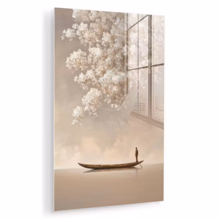 Glas schilderij - Bloesems - Wit - Boot - Minimalistisch — 1