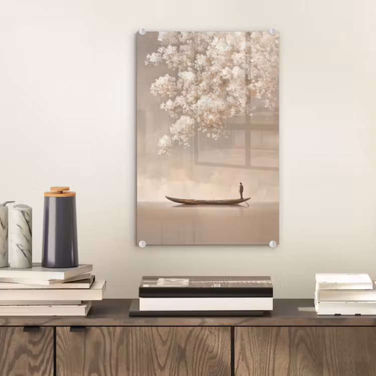 Glas schilderij - Bloesems - Wit - Boot - Minimalistisch — 2