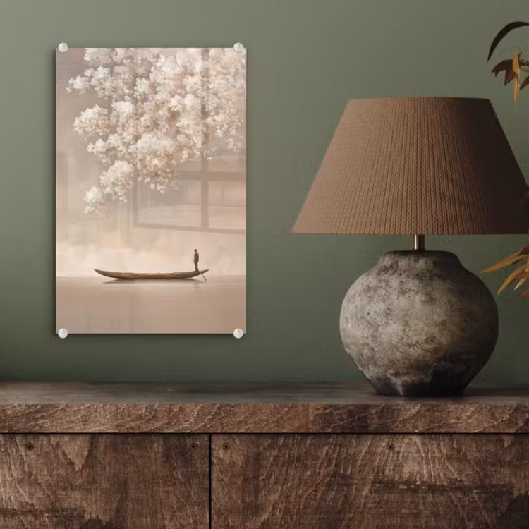 Glas schilderij - Bloesems - Wit - Boot - Minimalistisch — 4