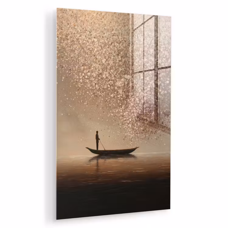 Glas schilderij - Bootje - Blaadjes - Goud - Water — 1