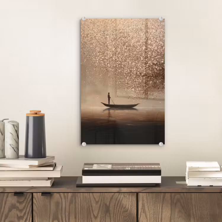 Glas schilderij - Bootje - Blaadjes - Goud - Water — 2