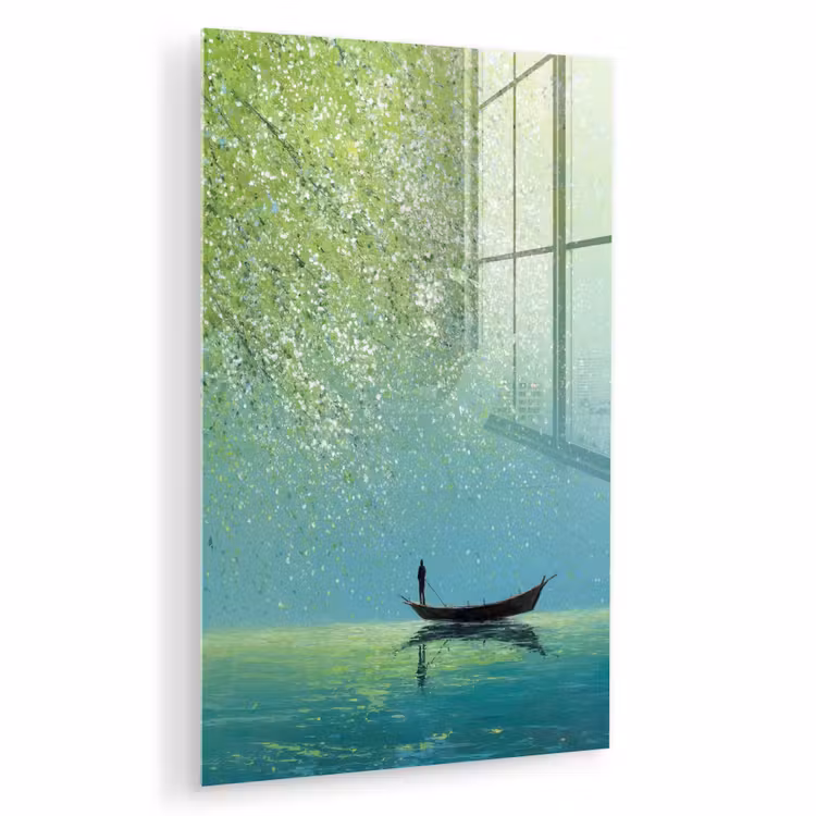 Glas schilderij - Bootje - Water - Bladeren - Bloesems — 1