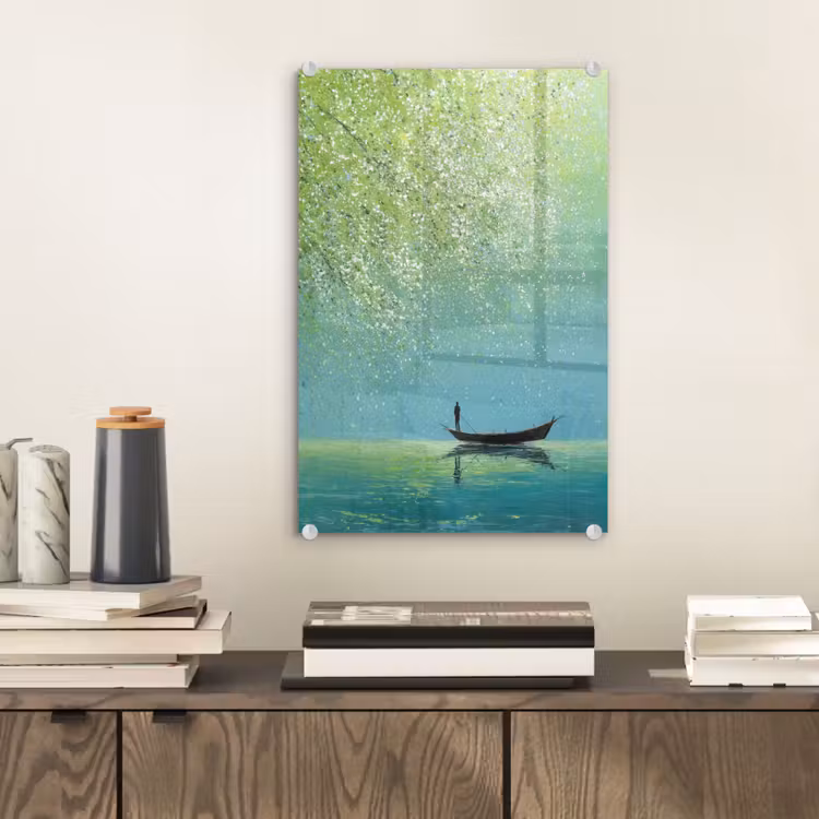 Glas schilderij - Bootje - Water - Bladeren - Bloesems — 2