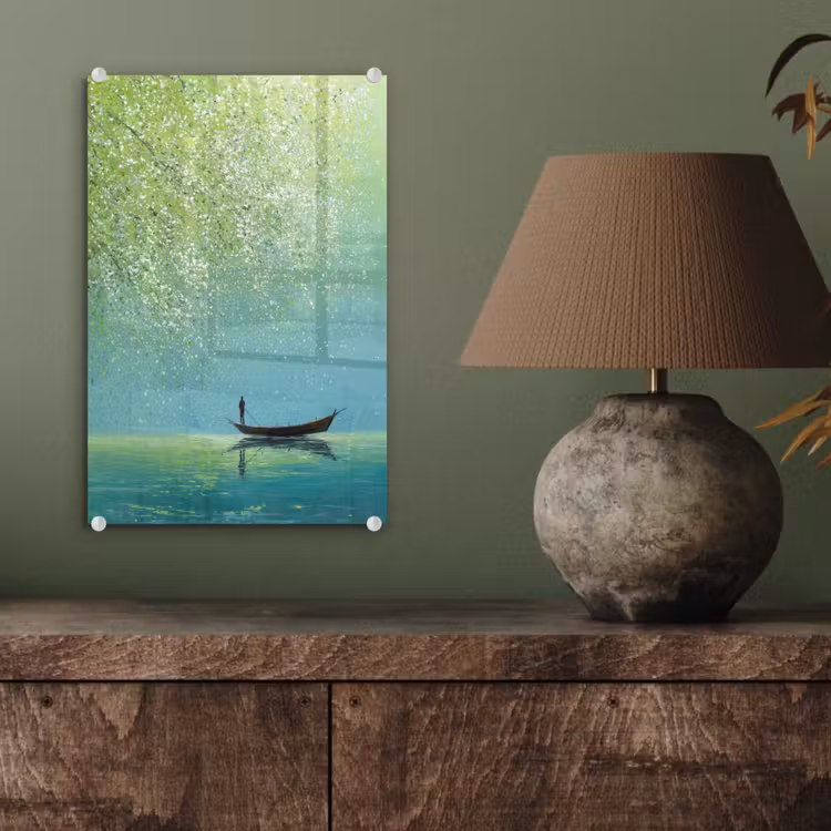 Glas schilderij - Bootje - Water - Bladeren - Bloesems — 4