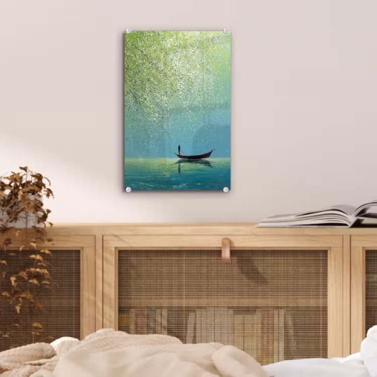 Glas schilderij - Bootje - Water - Bladeren - Bloesems — 5