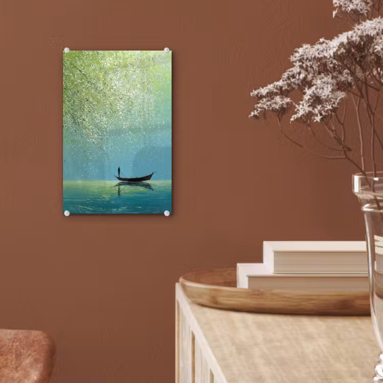Glas schilderij - Bootje - Water - Bladeren - Bloesems — 6