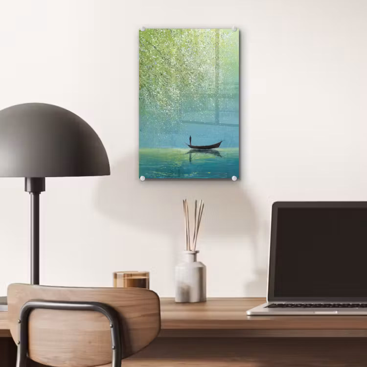 Glas schilderij - Bootje - Water - Bladeren - Bloesems — 7