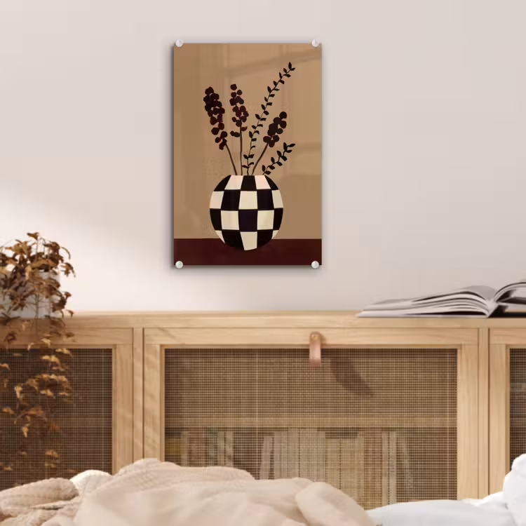 Glas schilderij - Minimalistisch - Vaas - Bloemen - Bruin — 5