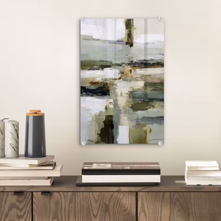 Glas schilderij - Penseelstreken - Groen - Abstract - Japandi — 2