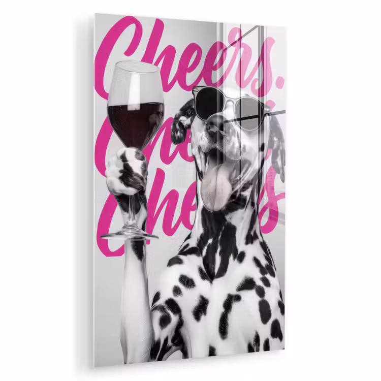 Glas schilderij - Cheers - Hond - Roze - Wijn — 1