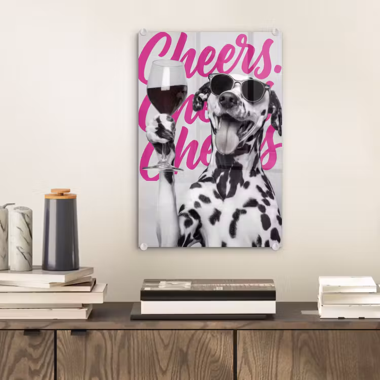 Glas schilderij - Cheers - Hond - Roze - Wijn — 2