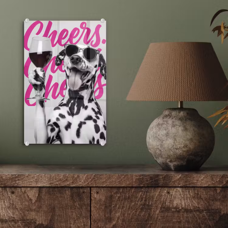 Glas schilderij - Cheers - Hond - Roze - Wijn — 4