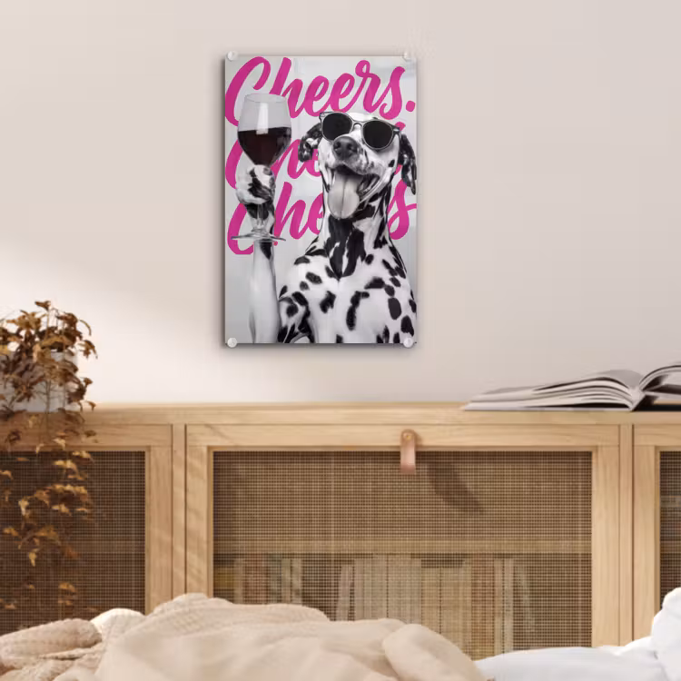 Glas schilderij - Cheers - Hond - Roze - Wijn — 5