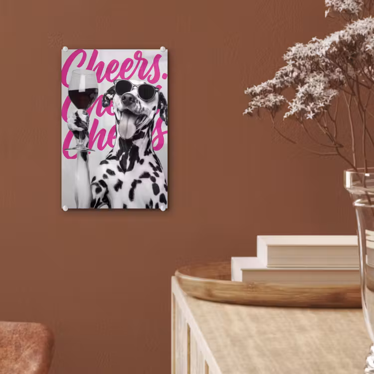 Glas schilderij - Cheers - Hond - Roze - Wijn — 6