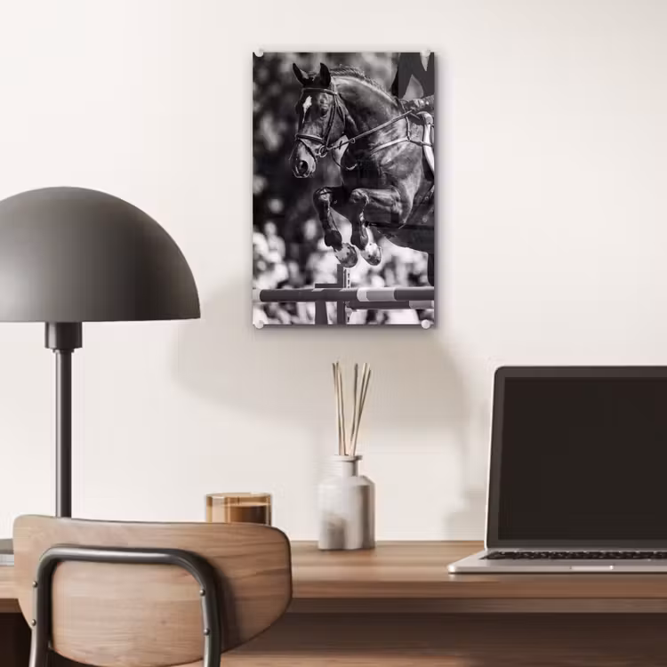 Glas schilderij - Springen - Paard - Zwart - Wit — 7