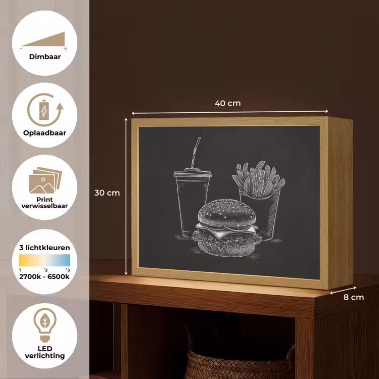 Lightbox - Wandlamp - Hamburger - Friet - Frisdrank - Krijttekening — 10