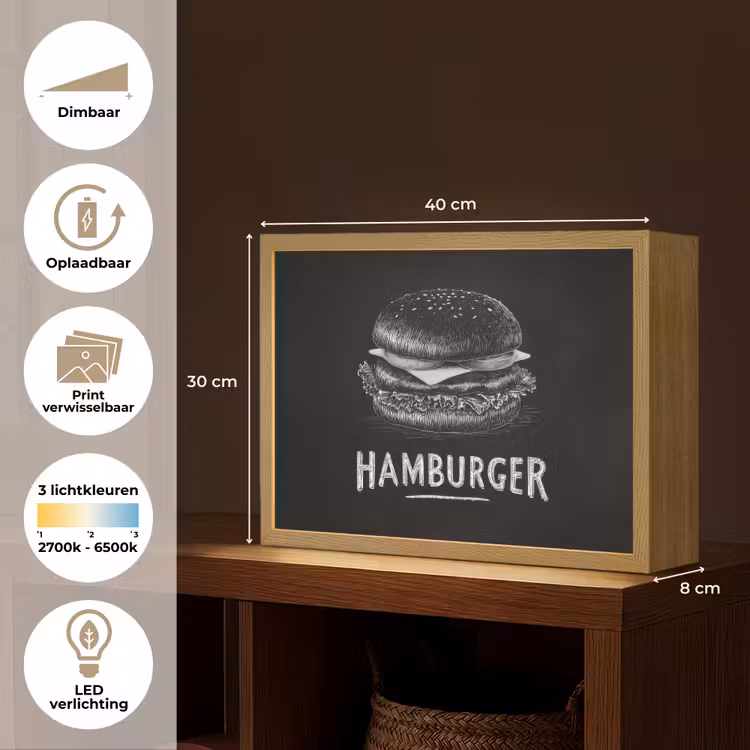 Lightbox - Wandlamp - Hamburger - Krijttekst - Zwart - Wit — 10