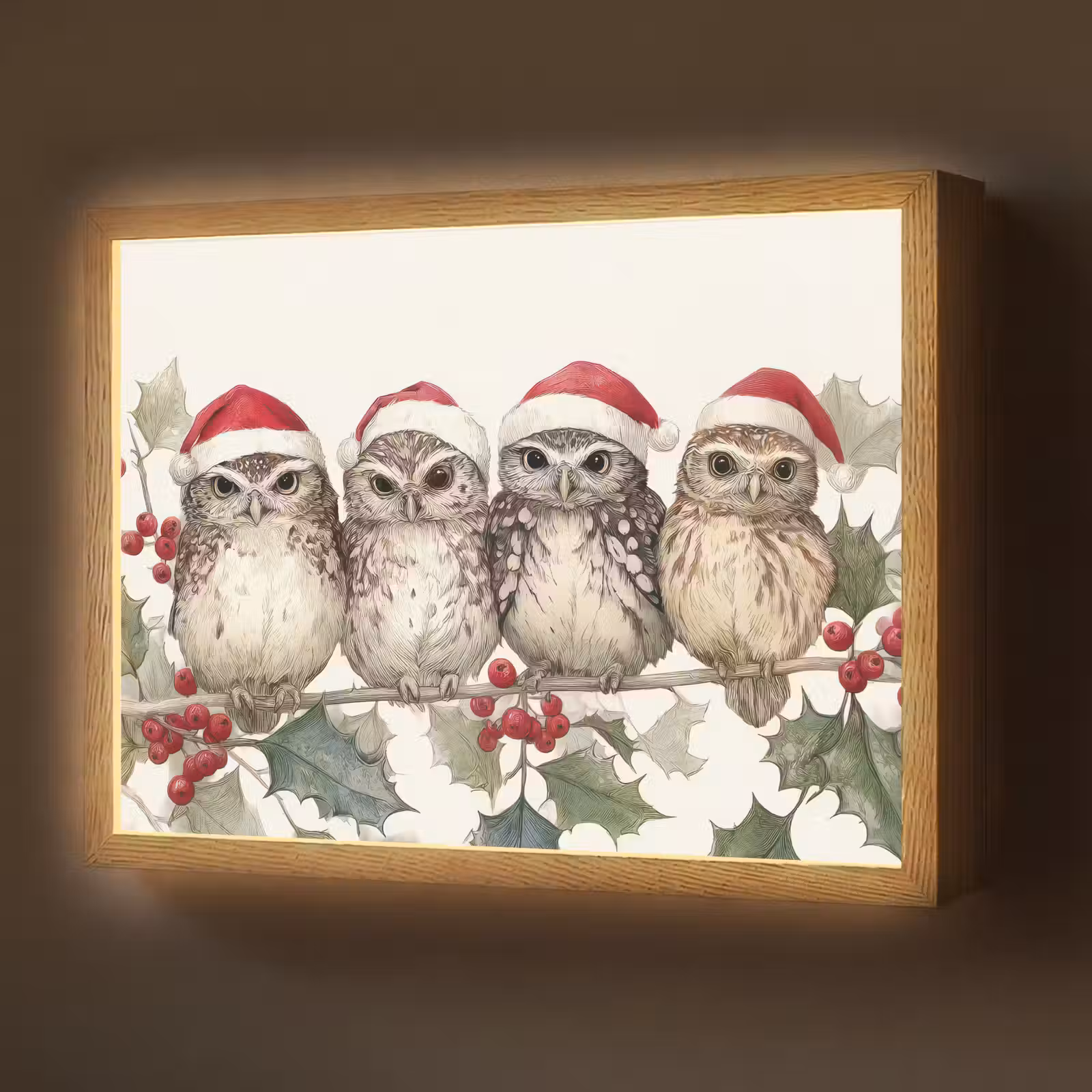 Lightbox - Wandlamp - Uilen - Tak - Hulstblaadjes - Kerstmuts — 1