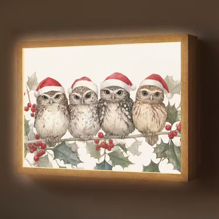 Lightbox - Wandlamp - Uilen - Tak - Hulstblaadjes - Kerstmuts — 1