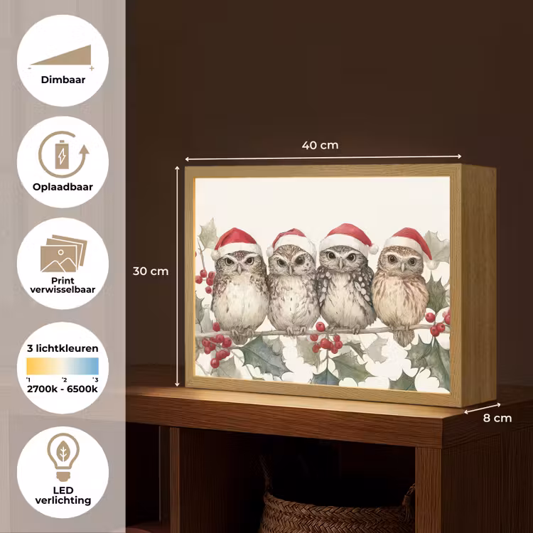 Lightbox - Wandlamp - Uilen - Tak - Hulstblaadjes - Kerstmuts — 10
