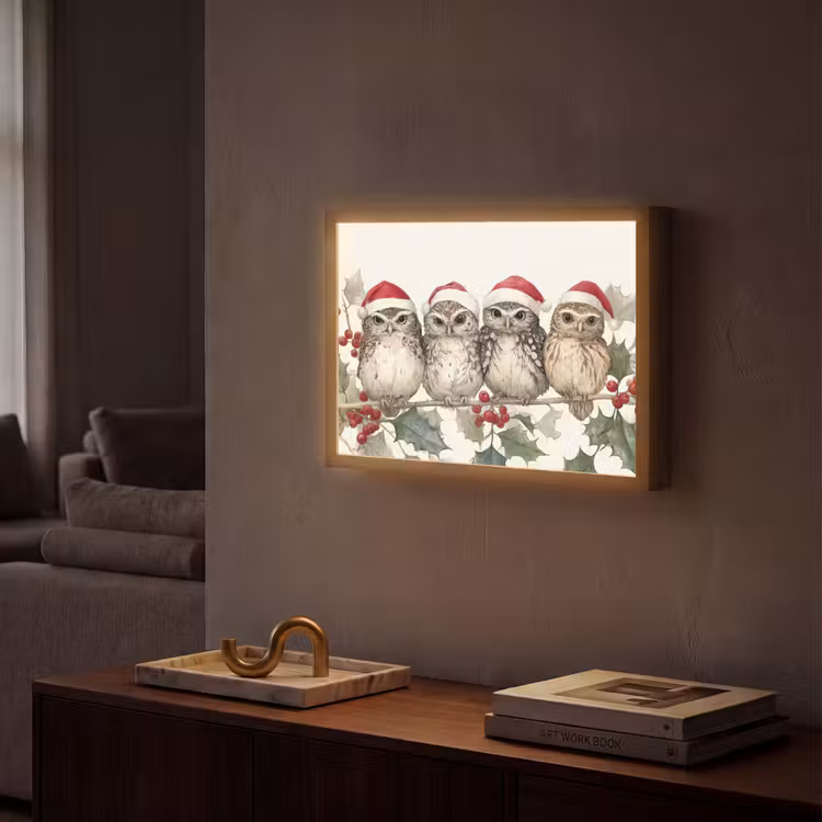 Lightbox - Wandlamp - Uilen - Tak - Hulstblaadjes - Kerstmuts — 2