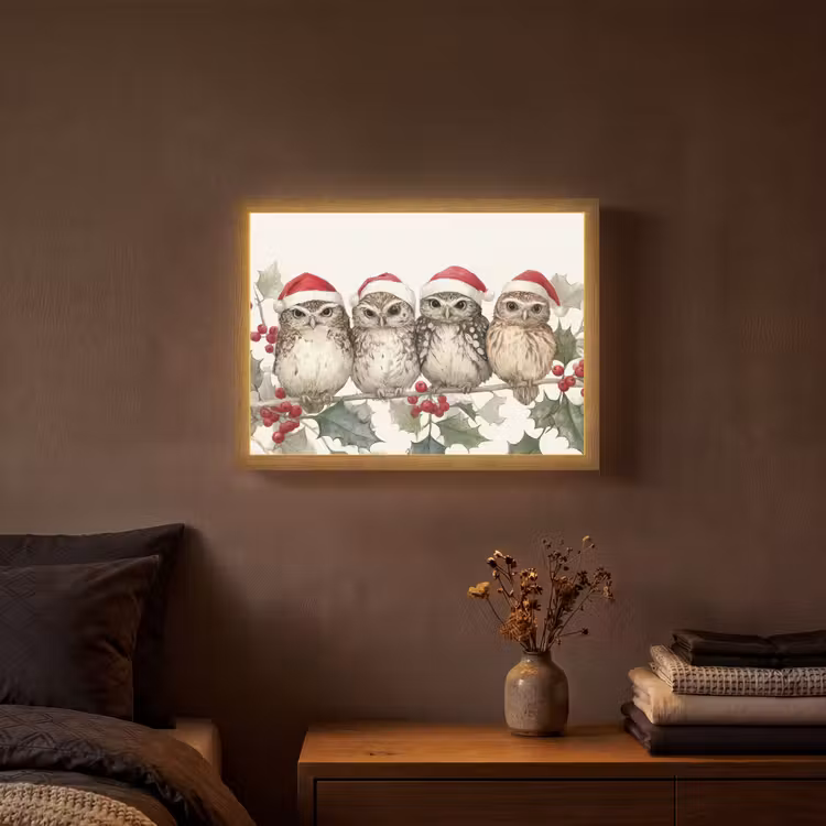 Lightbox - Wandlamp - Uilen - Tak - Hulstblaadjes - Kerstmuts — 3