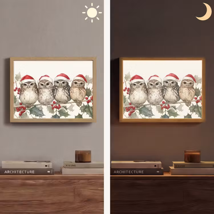Lightbox - Wandlamp - Uilen - Tak - Hulstblaadjes - Kerstmuts — 6