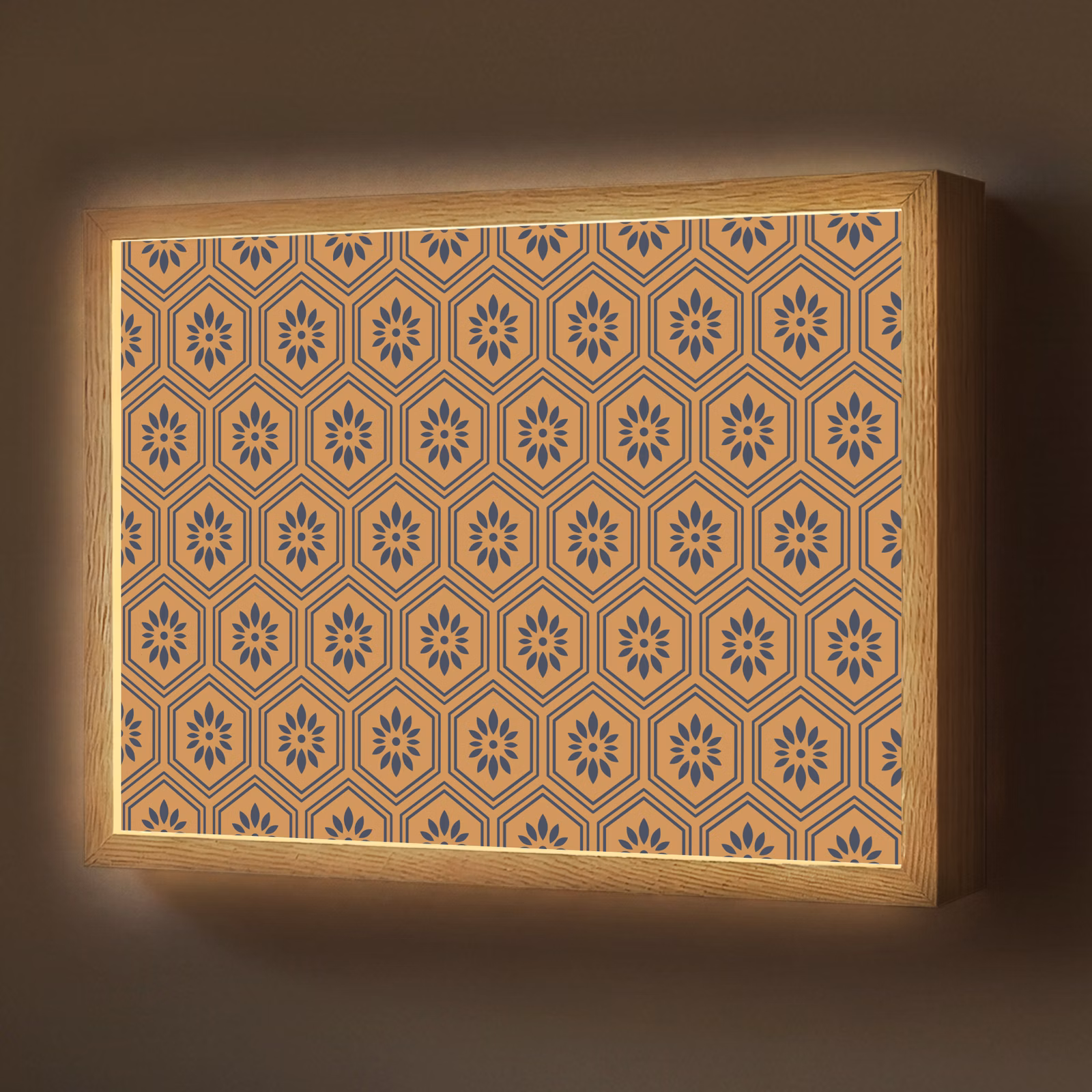 Lightbox - Wandlamp - Okergeel - Patroon - Bloem - Donkerblauw — 1