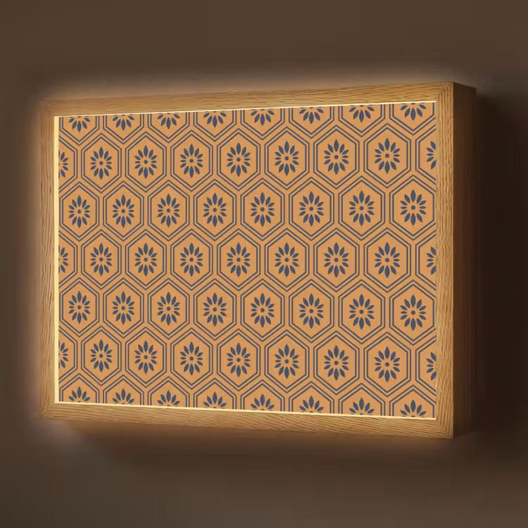 Lightbox - Wandlamp - Okergeel - Patroon - Bloem - Donkerblauw — 1