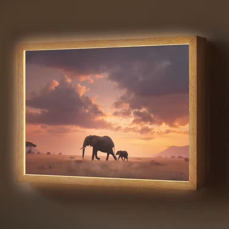 Lightbox - Wandlamp - Olifanten - Grasland - Zonsondergang — 1