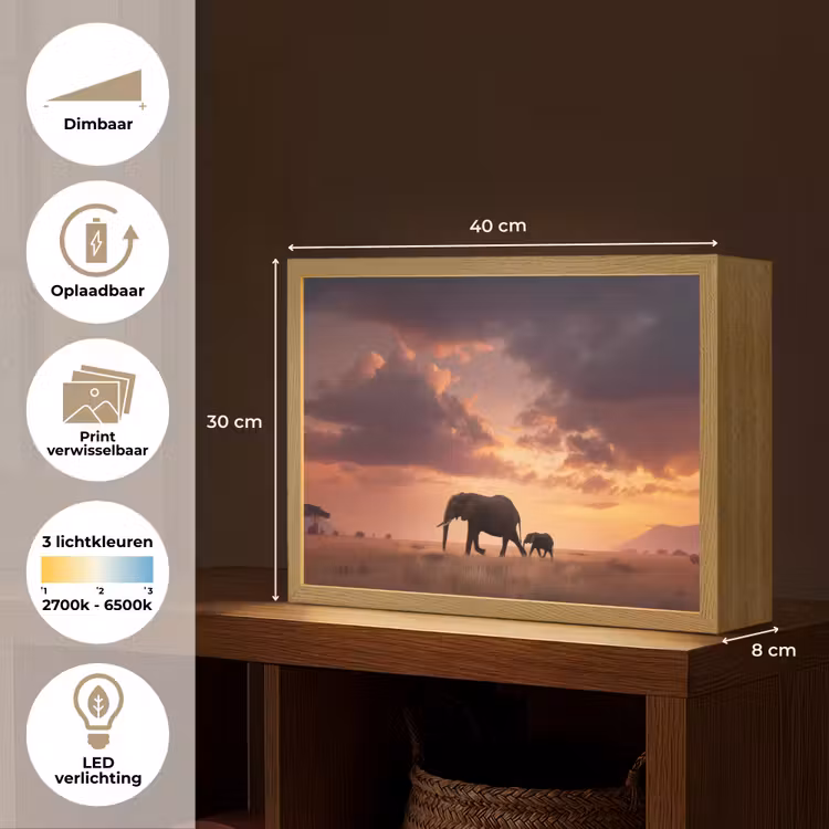 Lightbox - Wandlamp - Olifanten - Grasland - Zonsondergang — 10