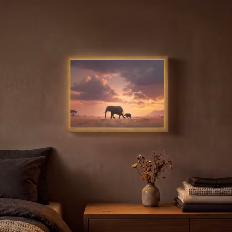 Lightbox - Wandlamp - Olifanten - Grasland - Zonsondergang — 3