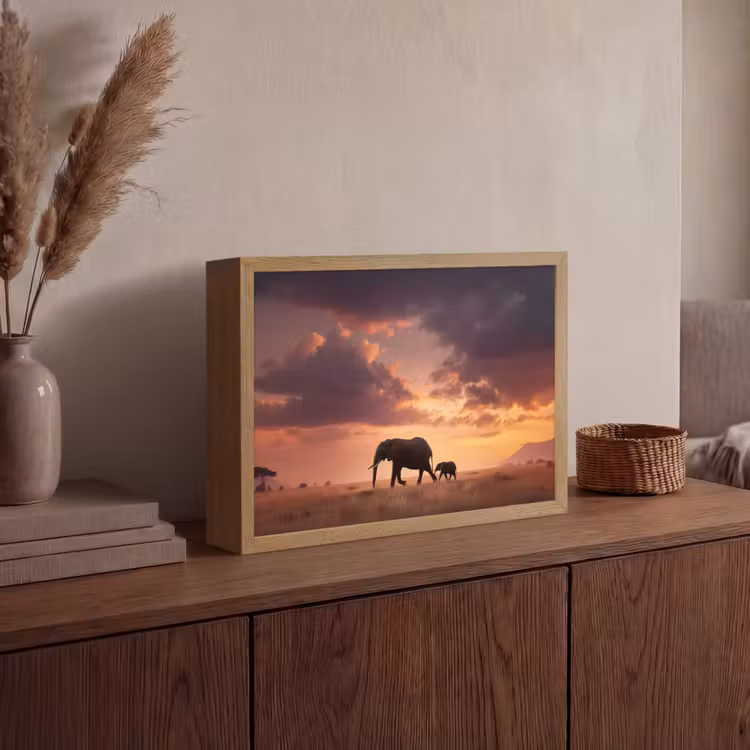 Lightbox - Wandlamp - Olifanten - Grasland - Zonsondergang — 4