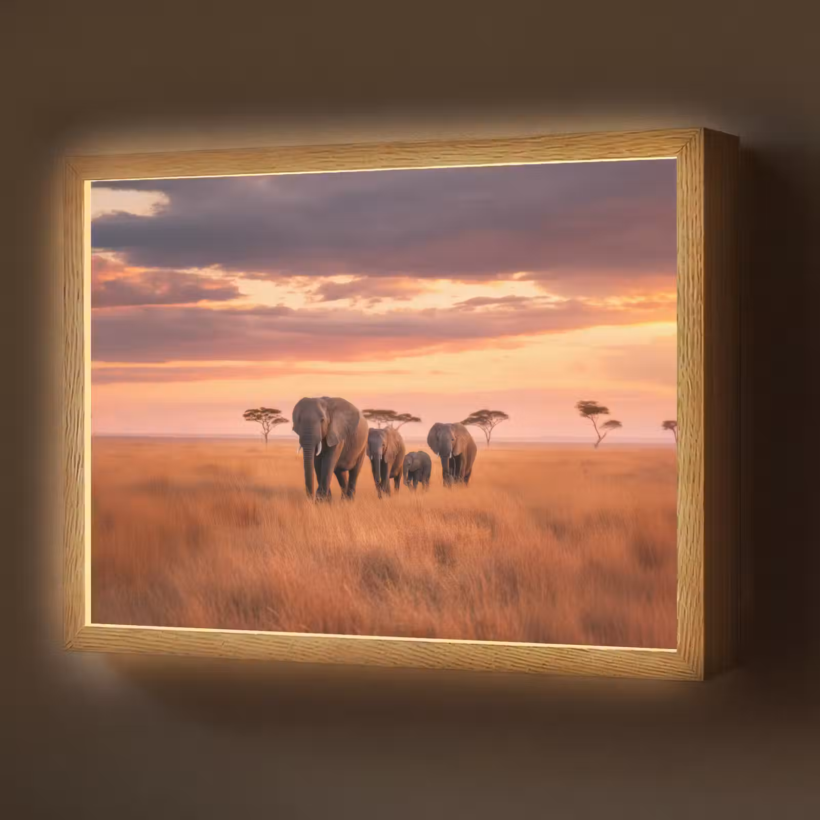 Lightbox - Wandlamp - Groep olifanten - Open vlakte - Zon — 1