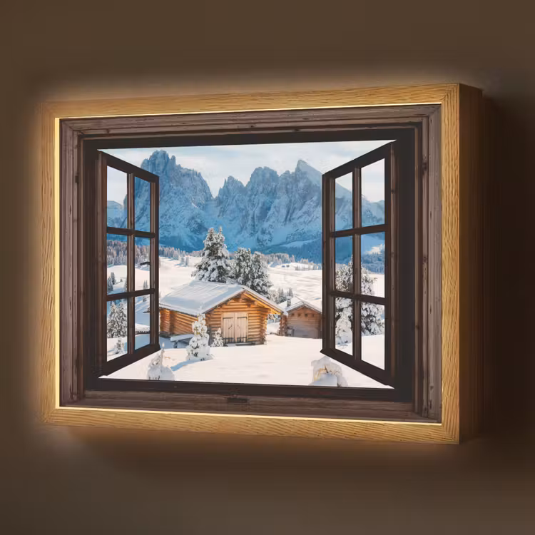 Lightbox - Wandlamp - Doorkijk - Winter - Landschap - Huisje - Bergen — 1