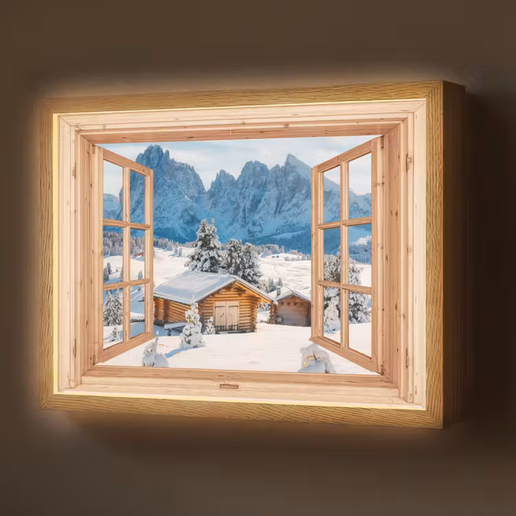 Lightbox - Wandlamp - Doorkijk - Winterlandschap - Huisje - Bergen - Uitzicht — 1