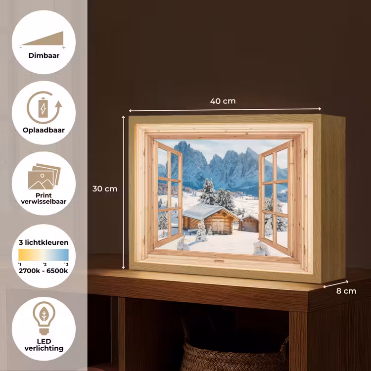 Lightbox - Wandlamp - Doorkijk - Winterlandschap - Huisje - Bergen - Uitzicht — 10
