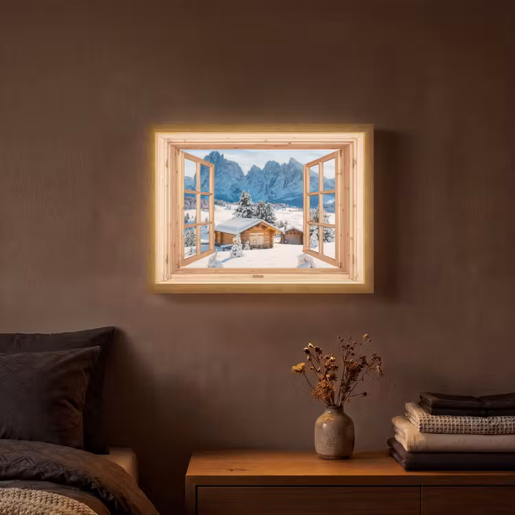 Lightbox - Wandlamp - Doorkijk - Winterlandschap - Huisje - Bergen - Uitzicht — 3