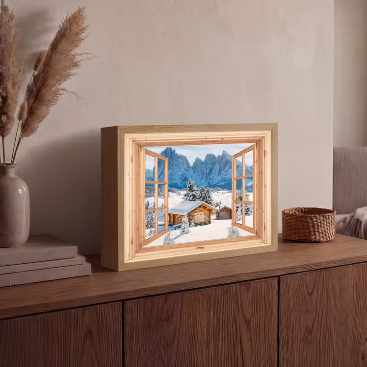 Lightbox - Wandlamp - Doorkijk - Winterlandschap - Huisje - Bergen - Uitzicht — 4