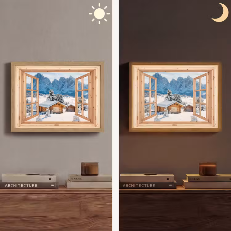 Lightbox - Wandlamp - Doorkijk - Winterlandschap - Huisje - Bergen - Uitzicht — 6