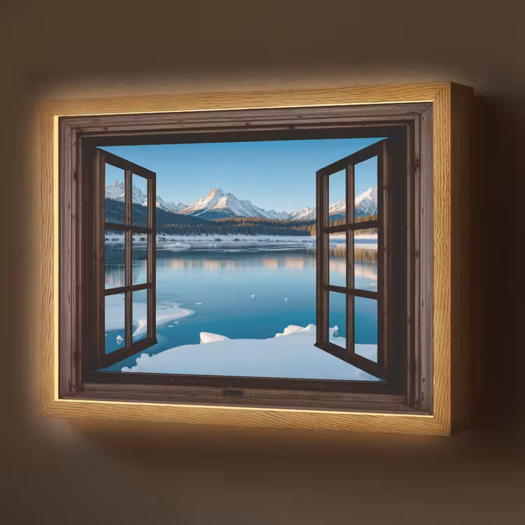 Lightbox - Wandlamp - Doorkijk - Winterlandschap - Meer - Bergen - Uitzicht — 1