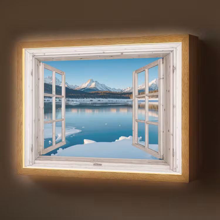 Lightbox - Wandlamp - Landschap - Winter - Meer - Bergen - Uitzicht - Doorkijk - Licht — 1