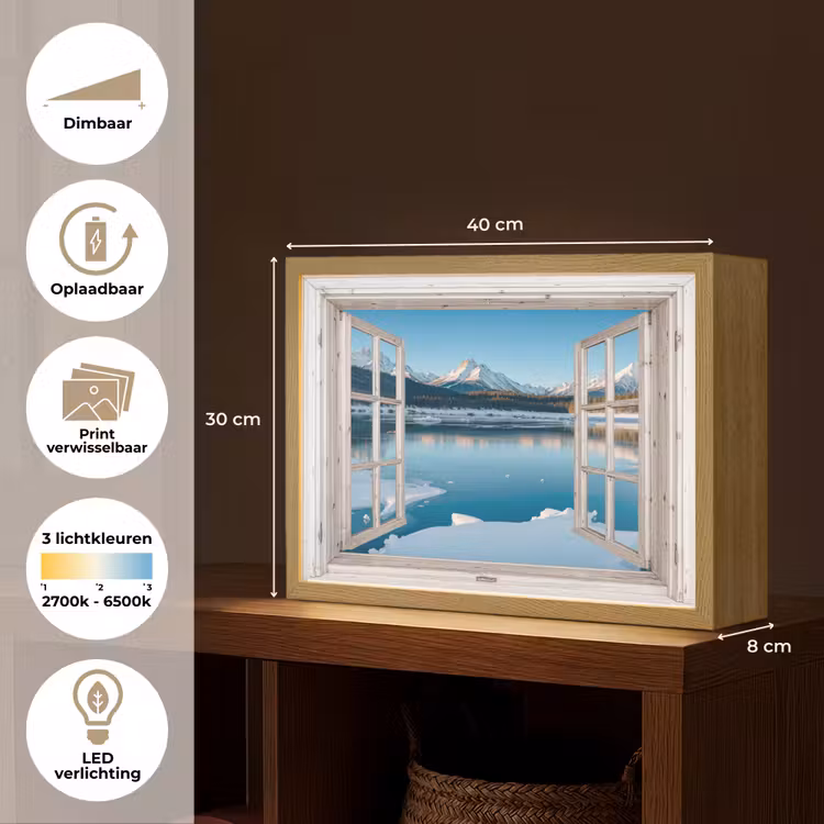 Lightbox - Wandlamp - Landschap - Winter - Meer - Bergen - Uitzicht - Doorkijk - Licht — 10
