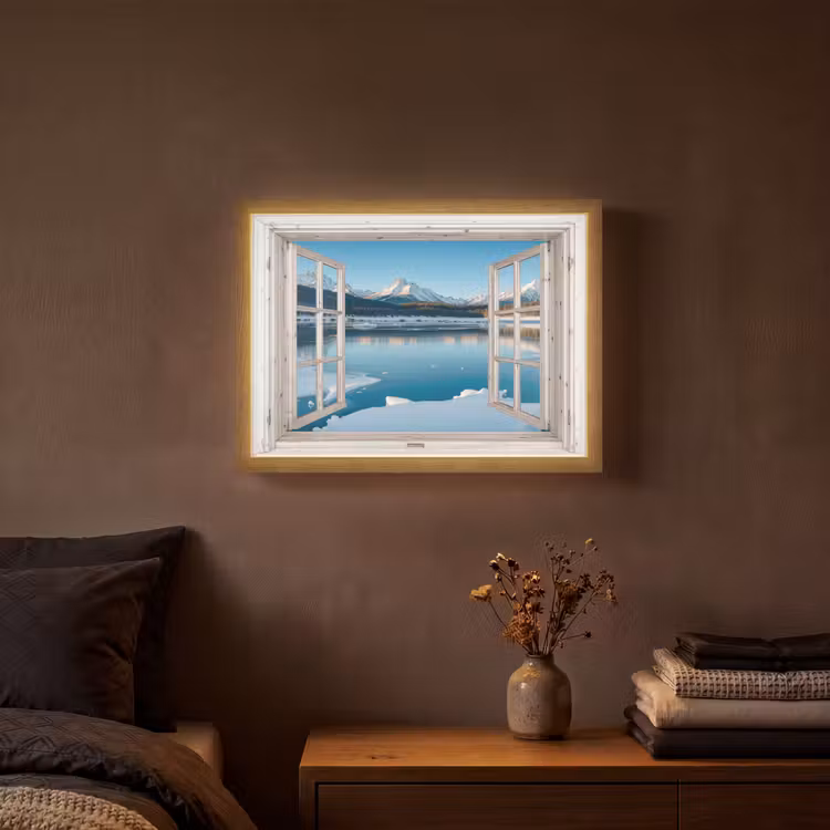 Lightbox - Wandlamp - Landschap - Winter - Meer - Bergen - Uitzicht - Doorkijk - Licht — 3