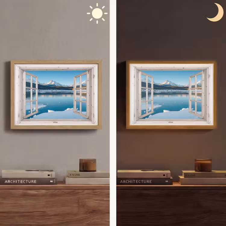 Lightbox - Wandlamp - Landschap - Winter - Meer - Bergen - Uitzicht - Doorkijk - Licht — 6