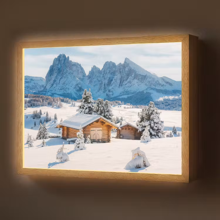Lightbox - Wandlamp - Winter - Huisje - Bergen - Uitzicht - Sneeuw — 1