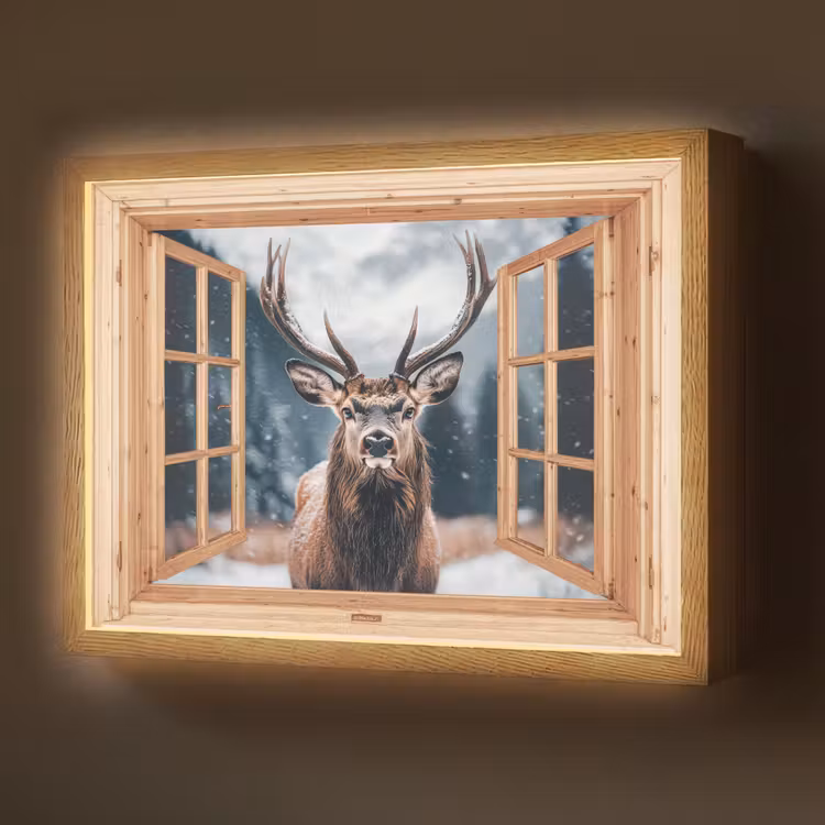Lightbox - Wandlamp - Doorkijk - Hert - Dieren - Winterlandschap - Sneeuw — 1