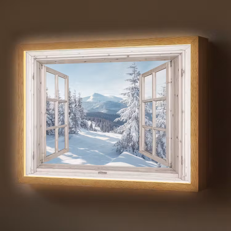 Lightbox - Wandlamp - Doorkijk - Winter - Landschap - Natuur - Berg - Bomen - Wit — 1