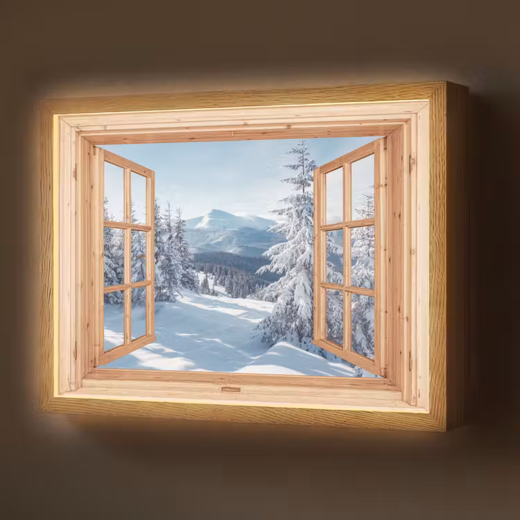 Lightbox - Wandlamp - Doorkijk - Winterlandschap - Natuur - Berg - Bomen - Hout — 1